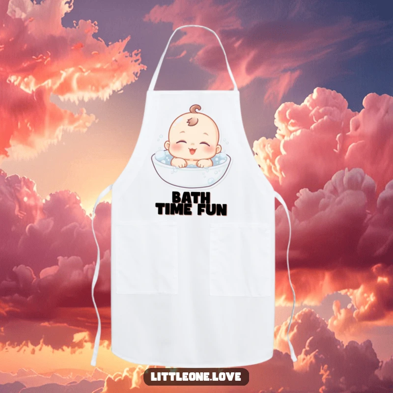 Funny Apron: A chubby baby character with sleepy eyes floats serenely in a bubbly bath, perfect for kitchen duty.