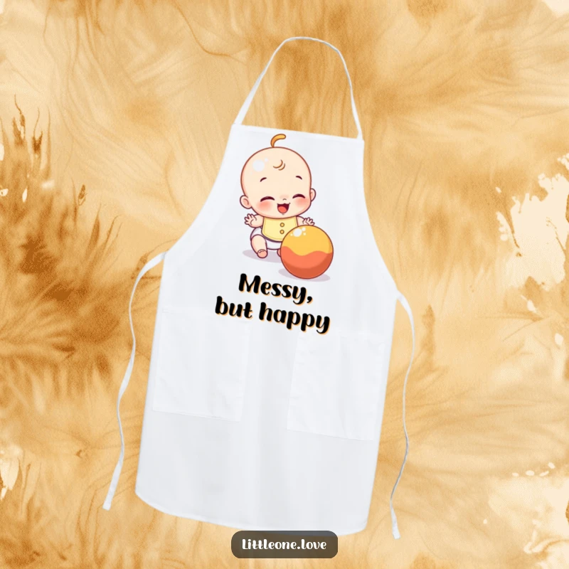 Funny apron showing a giggling baby in a bib trying to catch a rolling ball, perfect for mealtime messes.