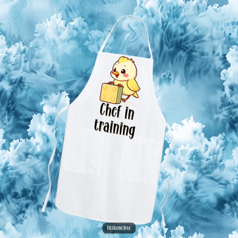 Funny apron with a cheerful baby bird character pecking at a colorful block, bringing kitchen cuteness and humor, perfect funny gift.