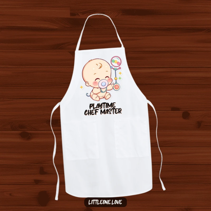 Funny Apron: A baby character with a pacifier giggles while reaching for a colorful mobile, perfect for kitchen adventures.