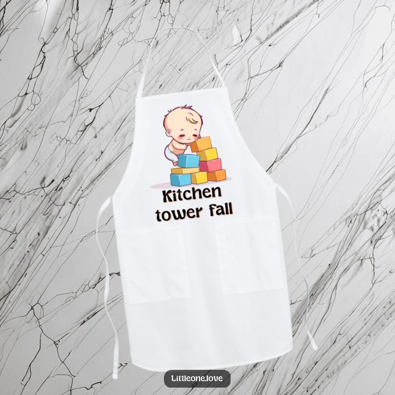 Funny cooking apron featuring a child character's colorful blocks tumbling down. Great for playful cooks.