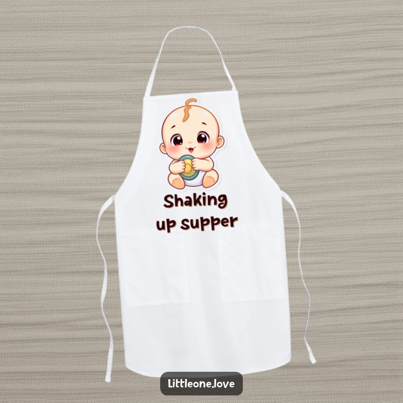 Funny chubby baby character with wide, curious eyes holding a rattle, printed on a functional and amusing apron.
