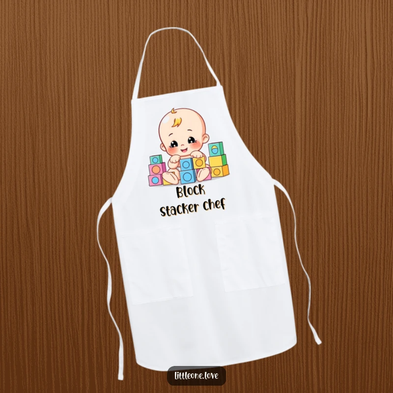 Funny apron showcasing a playful baby character building with colorful blocks, perfect for a humorous kitchen or baking accessory.