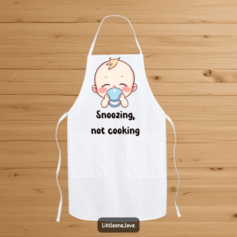 Funny sleepy baby character with rosy cheeks holding a pacifier, on a functional and charming apron.