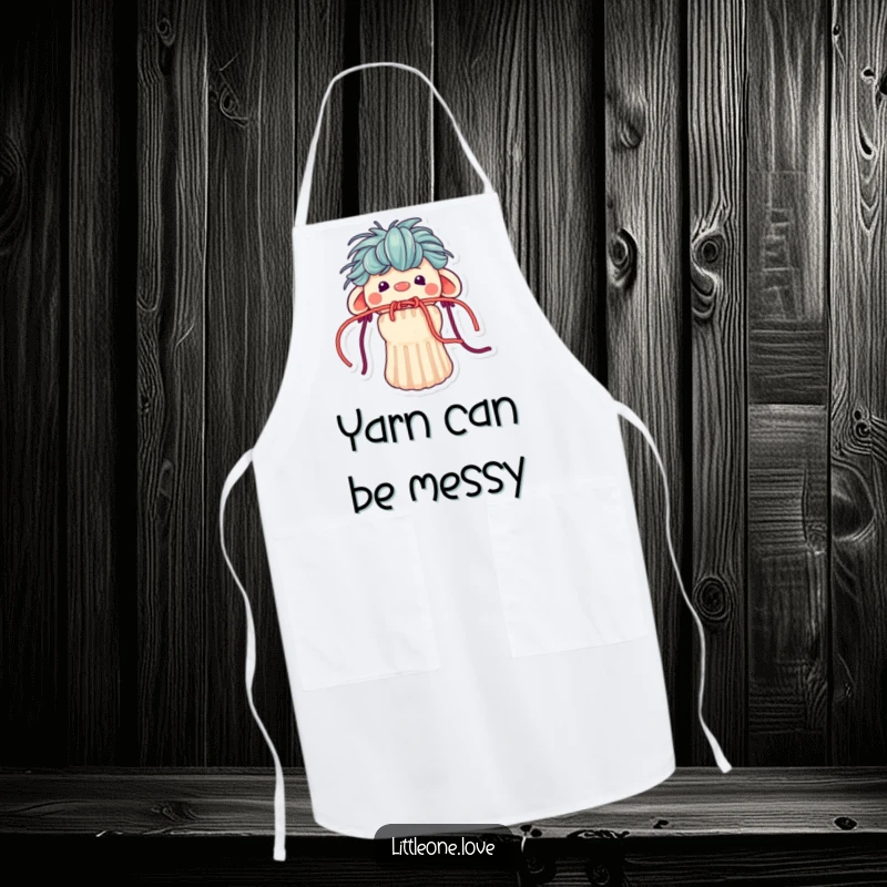 Funny apron depicting a small sock puppet with yarn hair humorously stuck in its mouth, perfect for messy crafting or cooking.