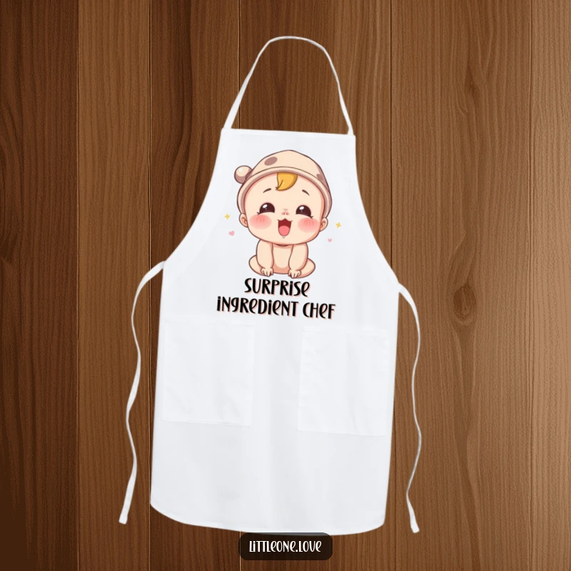 Funny apron showcasing a surprised baby character in a tiny hat, letting out a joyful squeal, perfect for a humorous kitchen accessory.