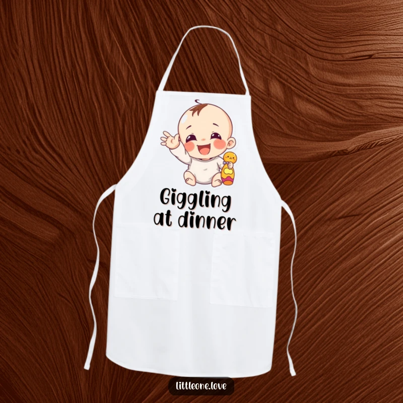 Funny giggling infant character reaching out a chubby hand towards a toy, on a functional and charming apron.