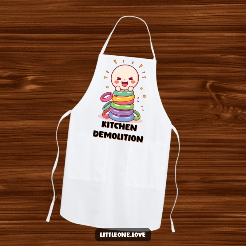 Funny apron depicting a cheerful, sentient baby rattle gleefully smashing a tower of colorful rings, perfect for messy fun.