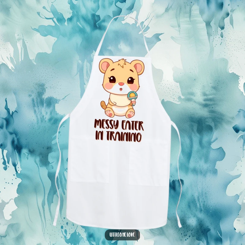Funny Apron featuring a cute baby animal in a bib, looking surprised by a rattle, ideal for messy eaters.