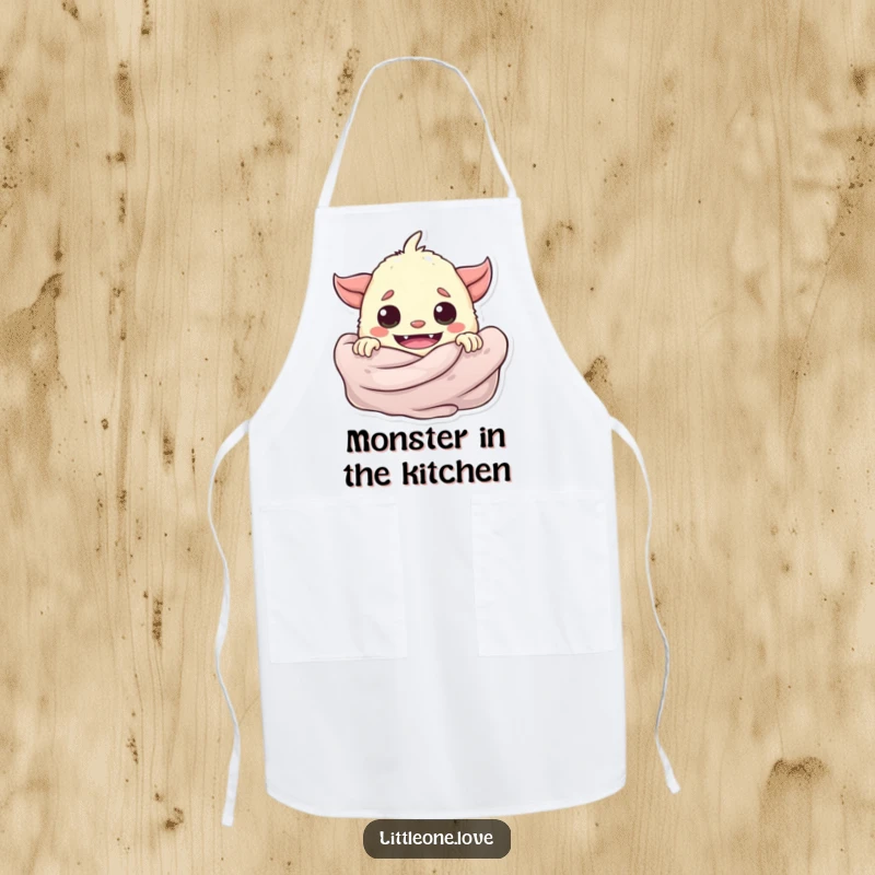 Funny playful baby monster peeking from behind a soft blanket, on a functional and charming apron.