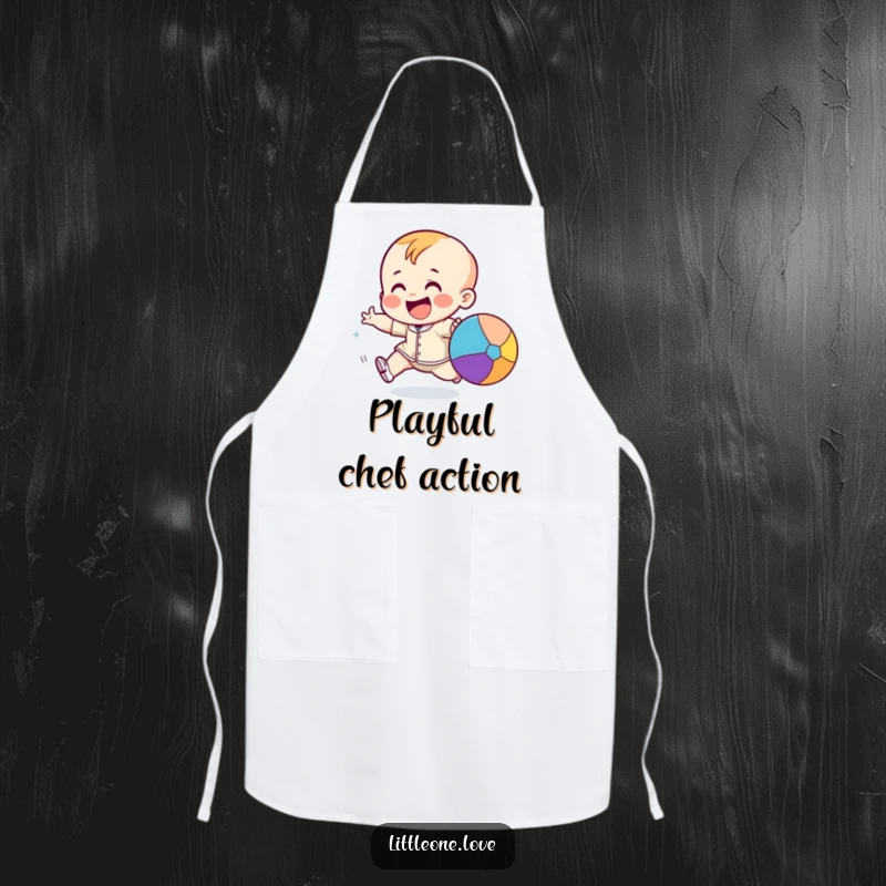 Funny giggling toddler character excitedly chasing a bouncing colorful ball, printed on a fun and practical apron.