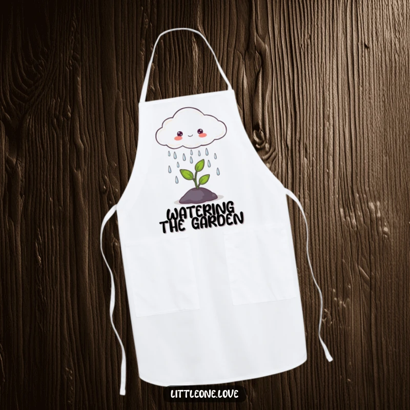 Funny apron depicting a smiling cloud gently raining on a tiny green sprout, perfect for gardening or messy kitchen tasks.