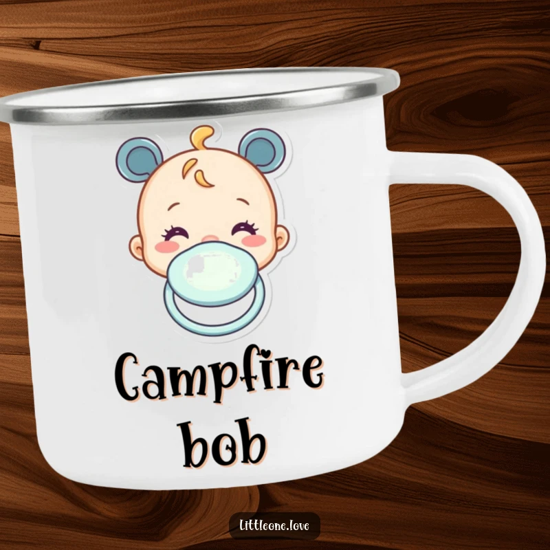 Funny camping mug with a cheerful baby pacifier character bobbing up and down, perfect for outdoor use. Gift.