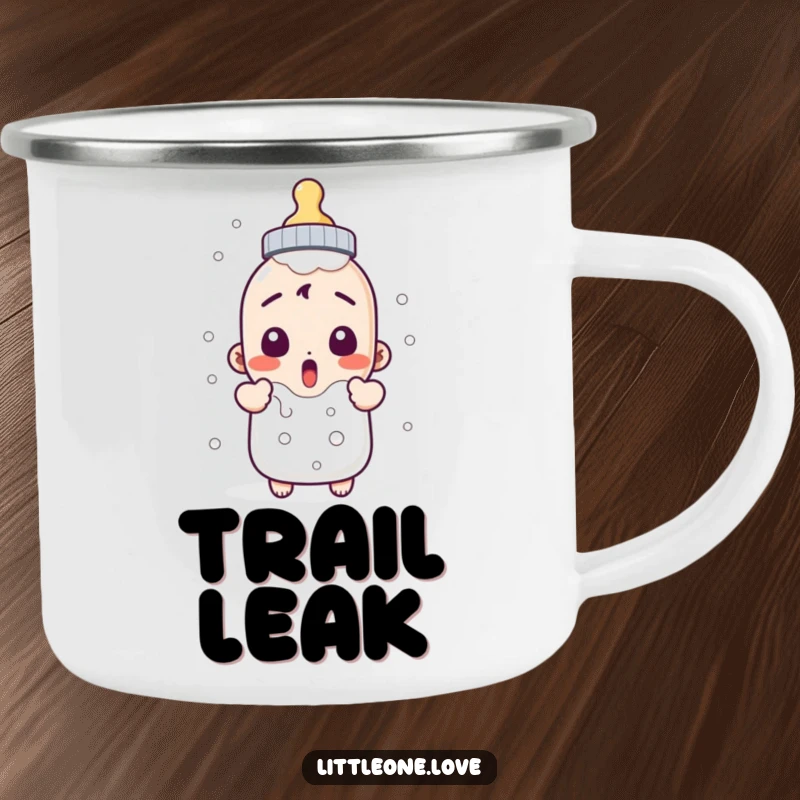 Funny camping mug with a surprised baby bottle character bubbling over, perfect for outdoor adventures. Humorous gift.