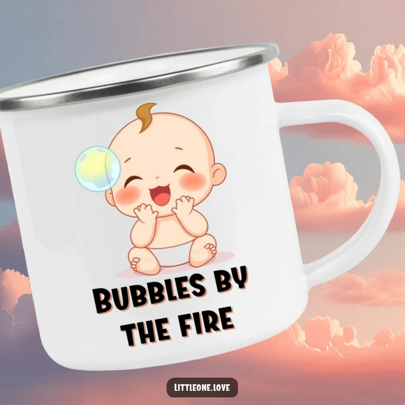 Funny Camping Mug: A baby character with tiny hands claps with glee at a floating bubble, embodying pure fascination.