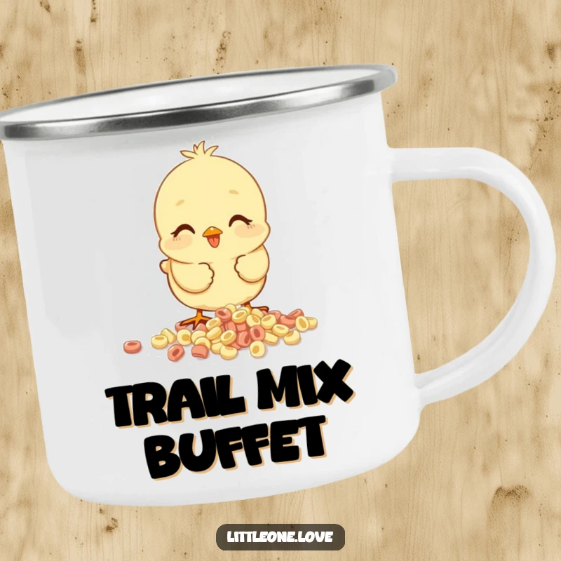 Funny baby chick camping mug, happy chick pecking at spilled cereal, durable and humorous design for outdoor trips.