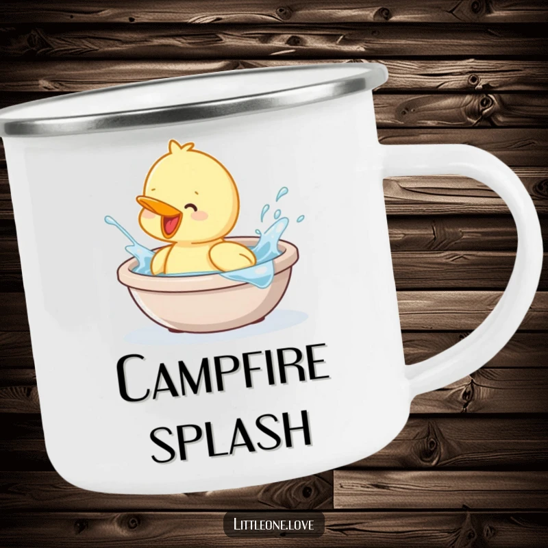 Funny camping mug with a baby duckling splashing in a tub, perfect for outdoor drinks. Humorous gift.
