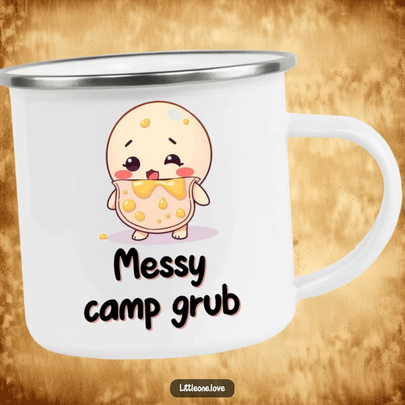 Funny camping mug featuring a bewildered rubber ball in a bib, covered in baby food, perfect for rugged and humorous outdoor use.