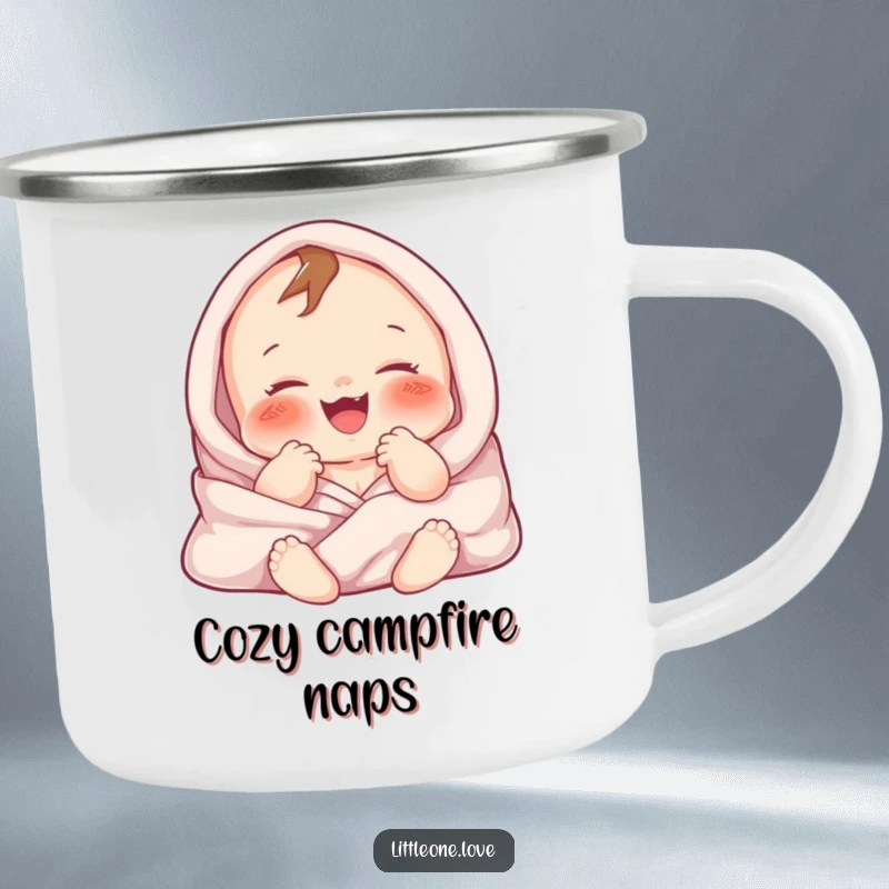 Funny enamel camping mug featuring a chubby baby character gurgling happily, wrapped in soft blankets. For parents.