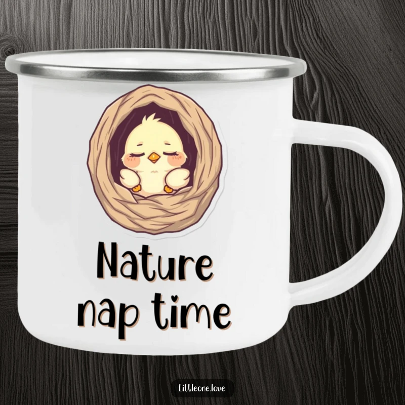 Funny enamel camping mug with a tiny, sleepy baby bird peeking from its nest, perfect for enjoying drinks outdoors with a dose of sweetness.
