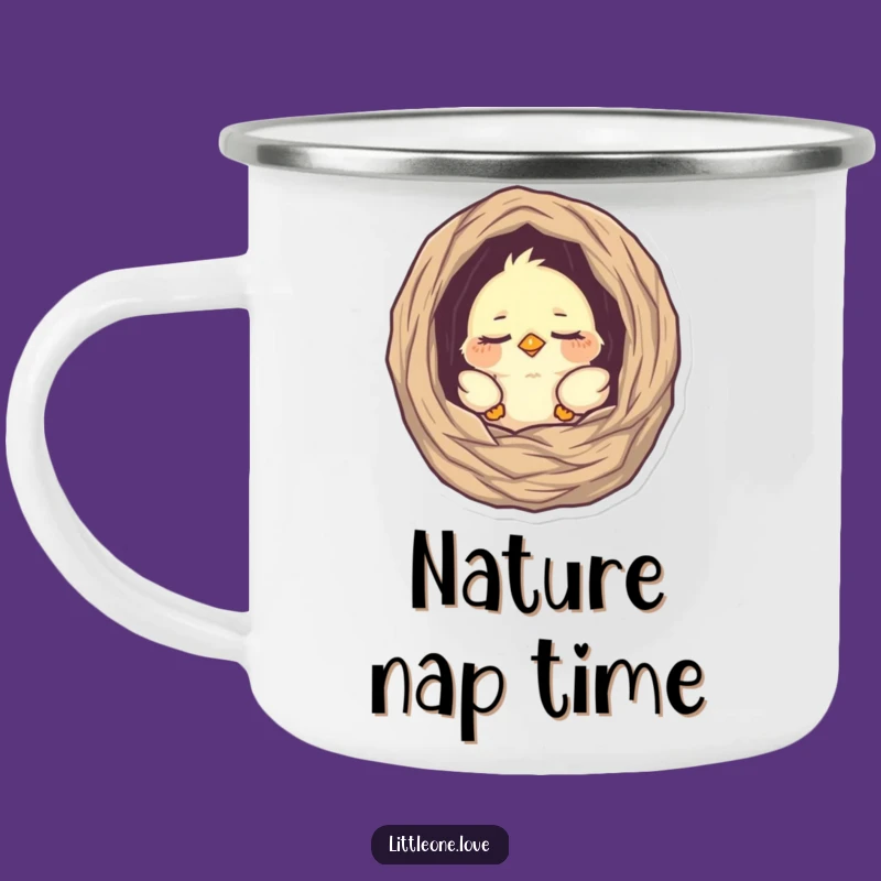 Funny Enamel Mug: Sleepy Baby Bird Nest Peek Outdoors