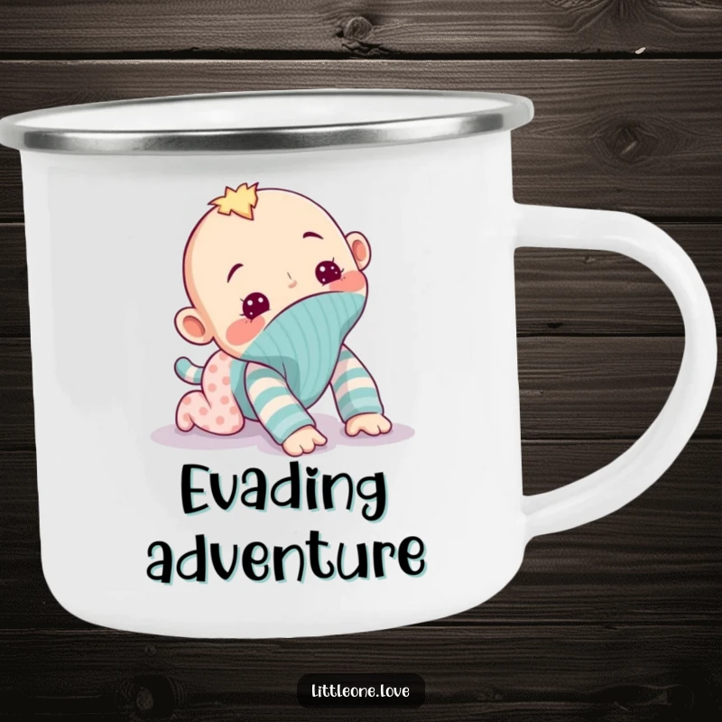 Funny enamel camping mug with a mischievous baby sock puppet attempting to crawl away, perfect for enjoying drinks outdoors with a dose of playful humor.