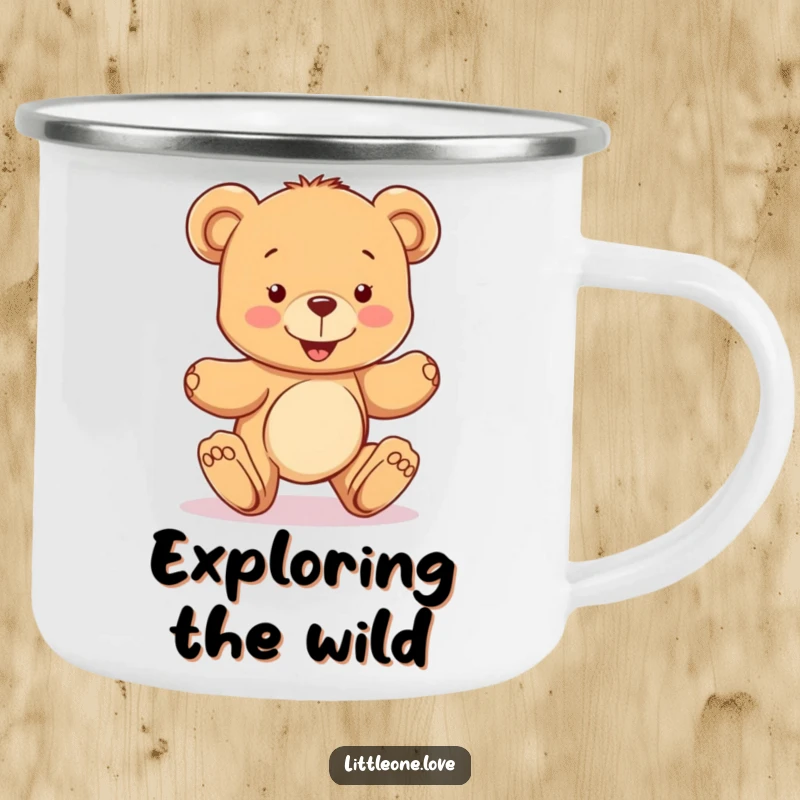 Funny enamel camping mug with a happy teddy bear character learning to take wobbly steps, perfect for enjoying drinks outdoors with a symbol of progress.