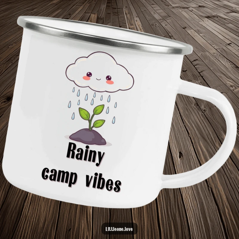 Funny camping mug showing a cute cloud gently raining on a tiny sprout, perfect for peaceful outdoor moments.