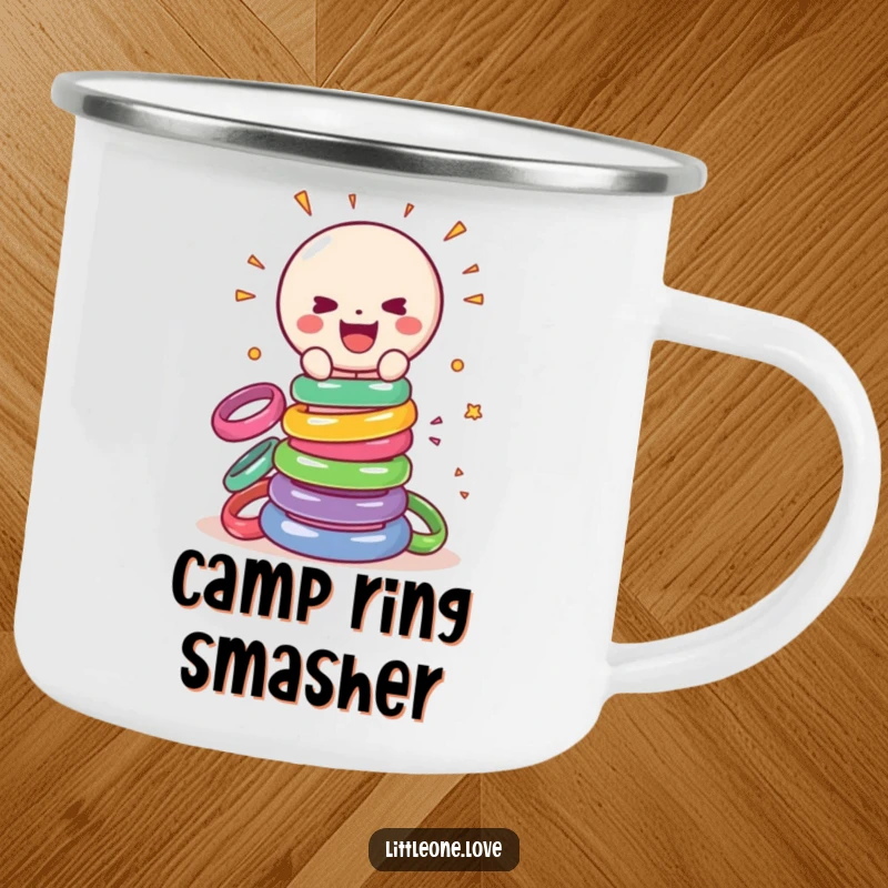 Funny camping mug showing a cheerful, sentient baby rattle gleefully smashing a tower of colorful rings, perfect for playful outdoor moments.