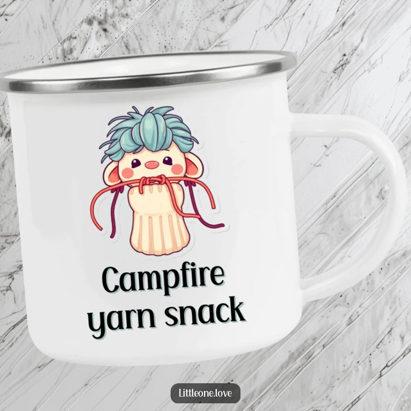 Funny camping mug showing a small sock puppet with yarn hair humorously stuck in its mouth, perfect for adventurous crafters.