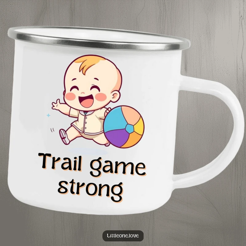 Funny giggling toddler character excitedly chasing a bouncing colorful ball, on a robust camping mug for outdoor fun.