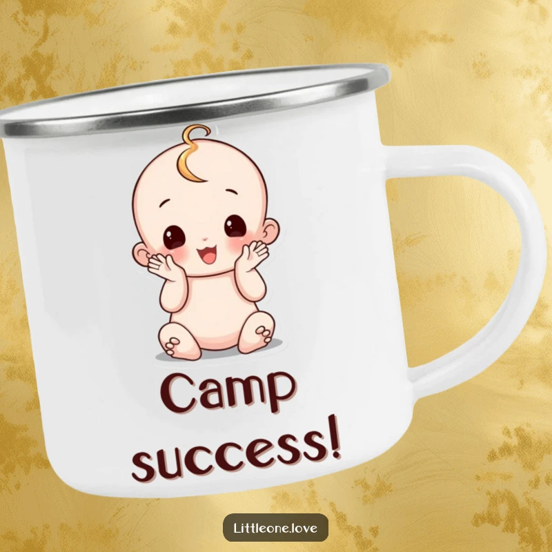 Funny wobbly baby camping mug, sitting up and clapping hands, celebrating milestones, durable and humorous design.