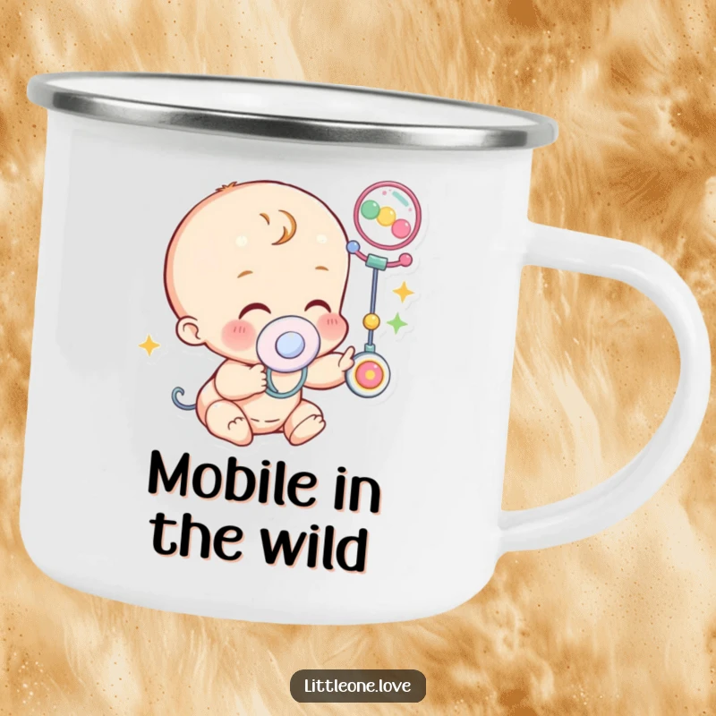 Funny Camping Mug: A baby character with a pacifier giggles while reaching for a colorful mobile, embodying pure play.