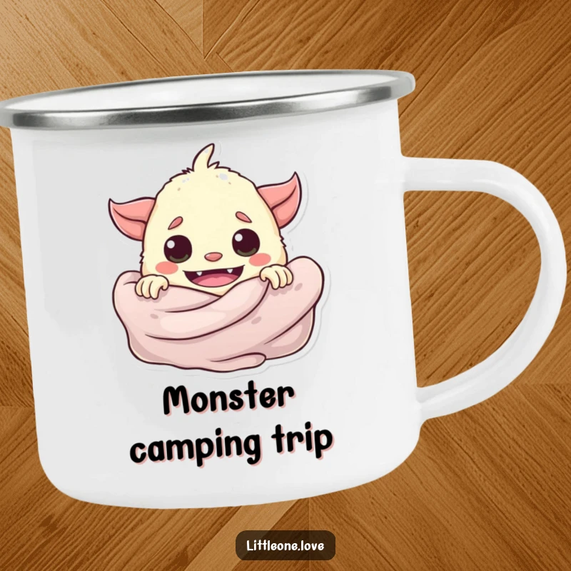 Funny playful baby monster peeking from behind a soft blanket, on a durable enamel camping mug.