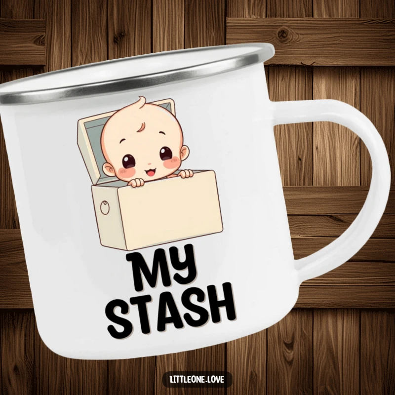 Funny camping mug with a baby in a diaper peeking from a toy box, for outdoor humor.