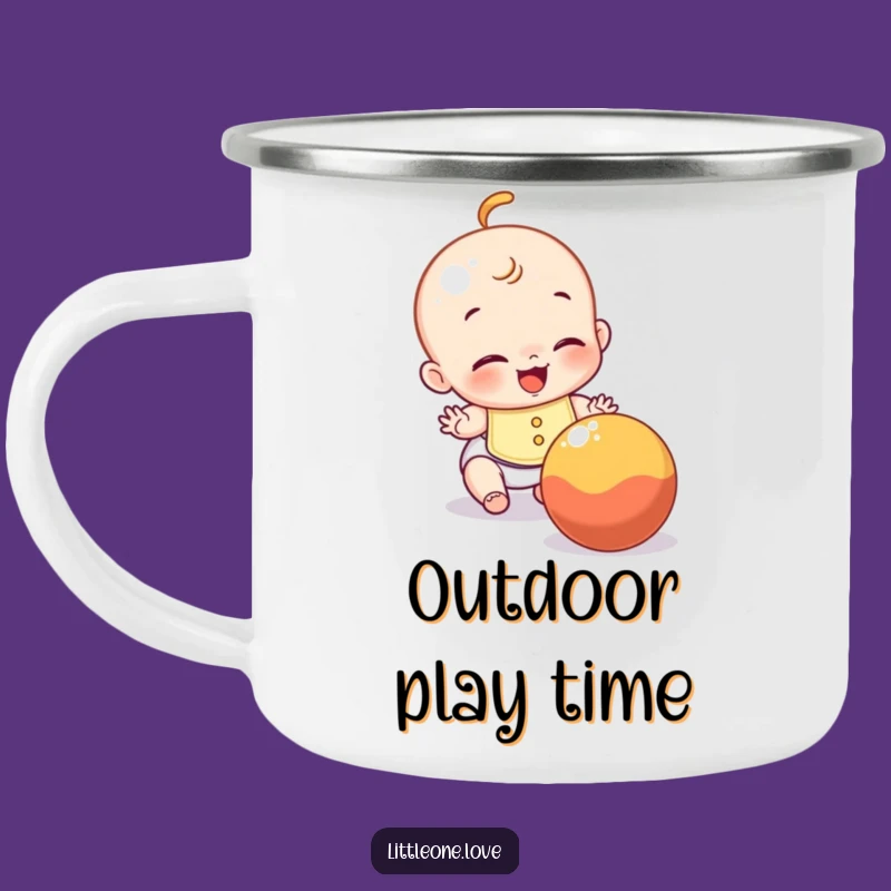 Funny Baby Camping Mug: Enamel mug with giggling infant chasing ball, a rugged funny gift