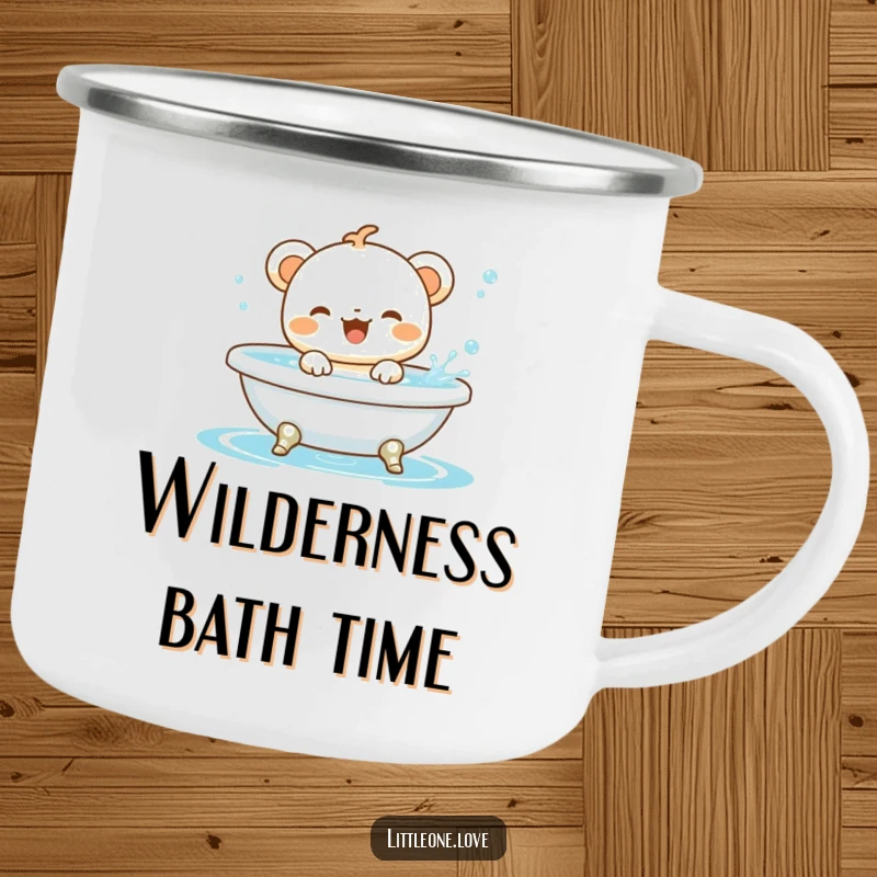 Funny baby animal character gleefully splashing in a miniature bathtub, on a durable camping mug for outdoor adventures.