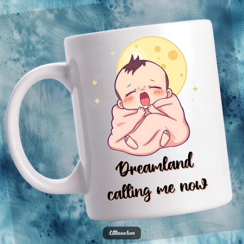 Funny baby mug featuring a sleepy character yawning widely under a crescent moon, wrapped cozily in a blanket, evoking nighttime peace.