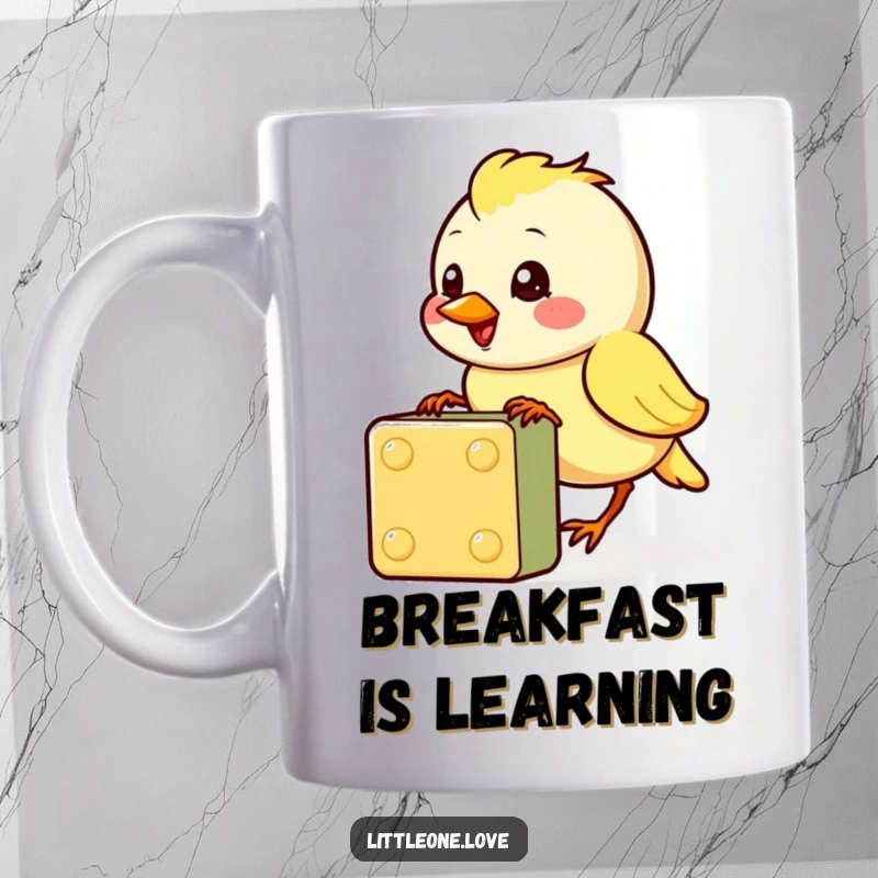 Funny baby bird mug with a cheerful character pecking at a colorful block, full of cute and comical charm, perfect funny gift.