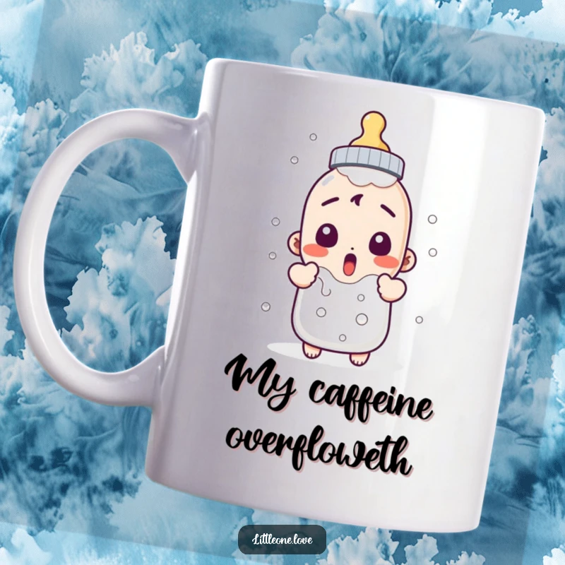 Funny baby bottle mug overflowing with milk, looking surprised and a little overwhelmed. A hilarious gift for new parents.