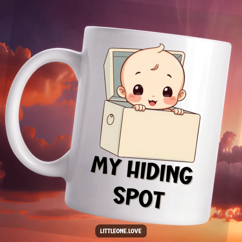 Funny baby peeking out of a toy box, adorable and curious, perfect for a humorous gift.