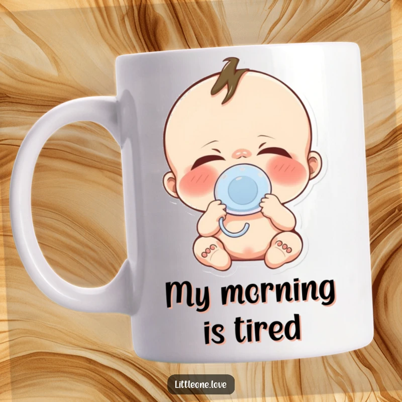 Funny baby yawn mug with a cute character showing an enormous yawn and a small pacifier, emphasizing morning or bedtime humor.