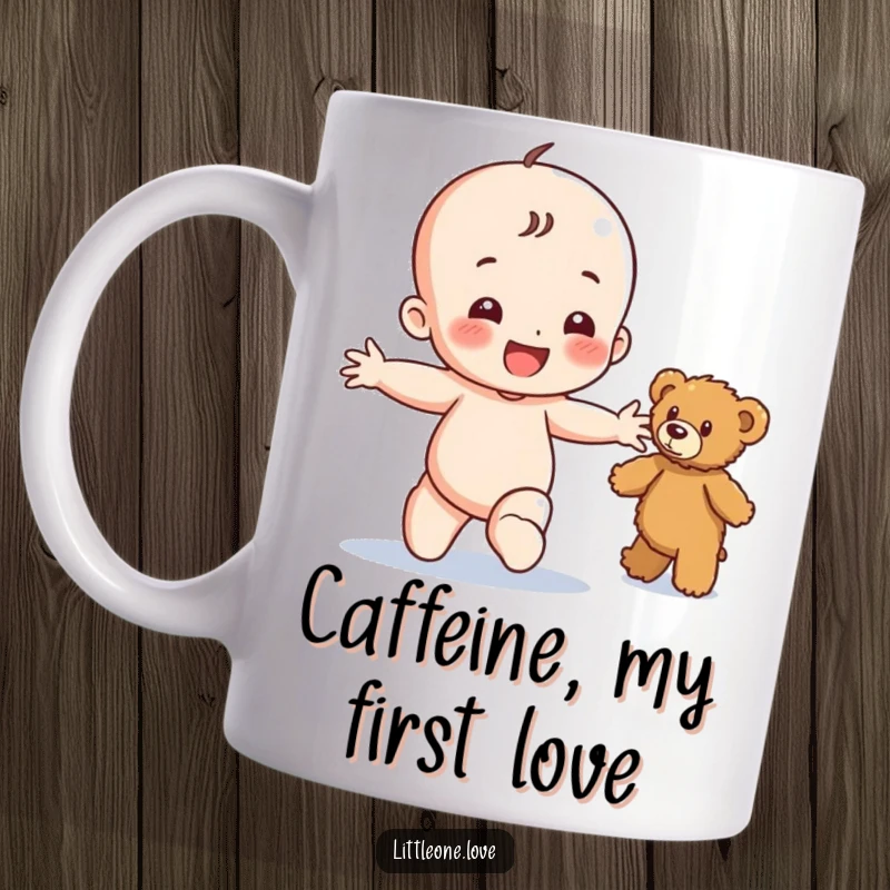 Funny mug featuring a happy baby character toddling with outstretched arms towards a fuzzy teddy bear, embodying pure joy and innocence.