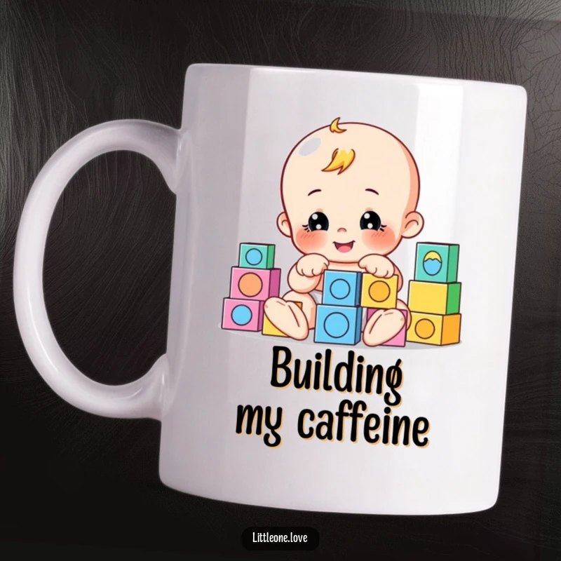Funny mug featuring a playful baby character happily building with cheerfully arranged colorful blocks, embodying creativity and fun.