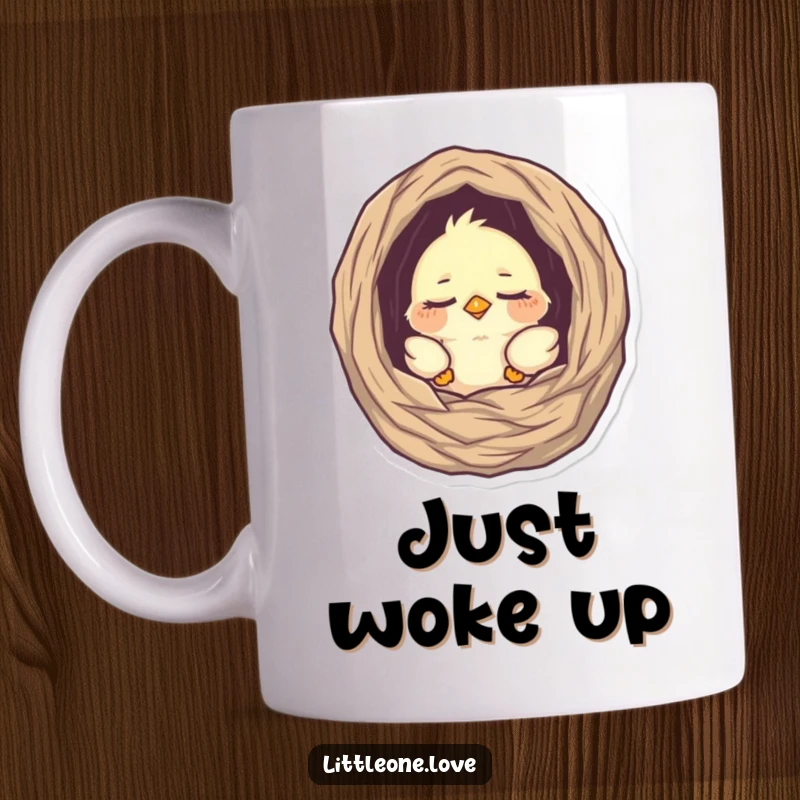 Funny mug with a tiny, sleepy baby bird peeking inquisitively from its cozy nest, evoking feelings of warmth and gentle humor, perfect gift.