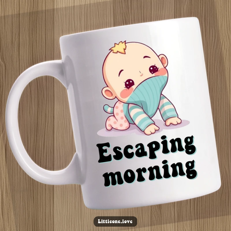 Funny mug with a mischievous baby sock puppet attempting to crawl away, capturing a moment of playful escape and lighthearted humor, perfect gift.