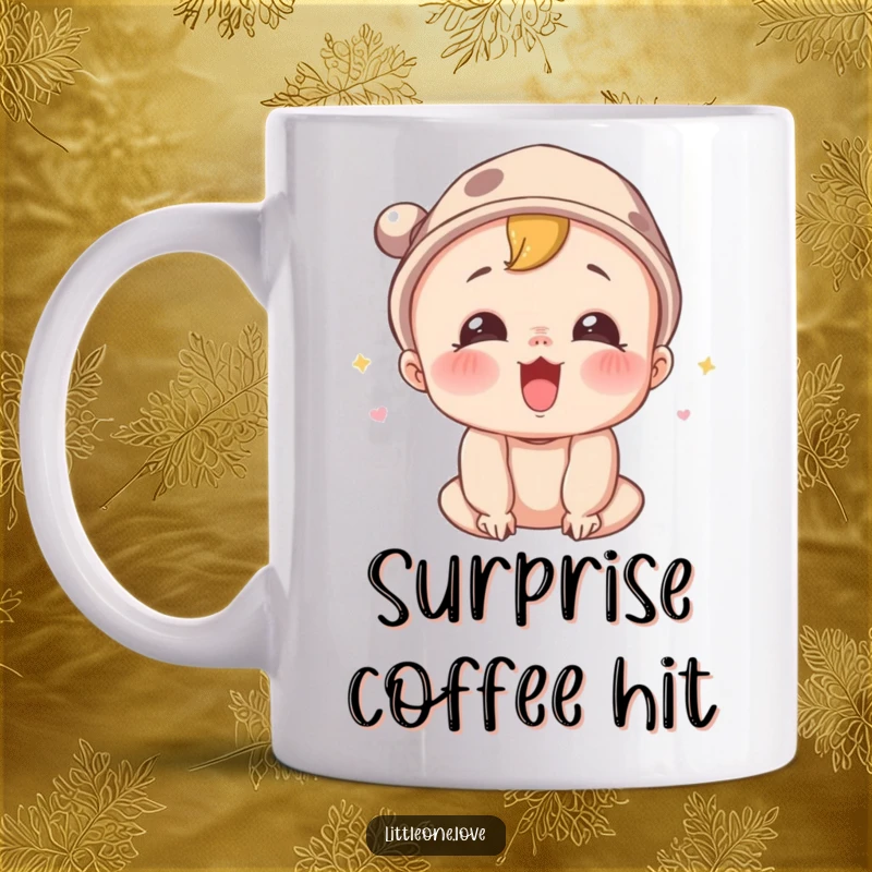 Funny mug featuring a surprised baby character wearing a tiny hat, letting out a joyful squeal of delight, embodying pure excitement.