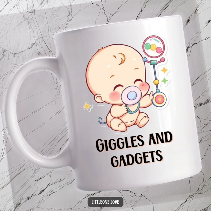 Funny Mug: A little character wearing a pacifier giggles gleefully while reaching out for a colorful, suspended mobile.