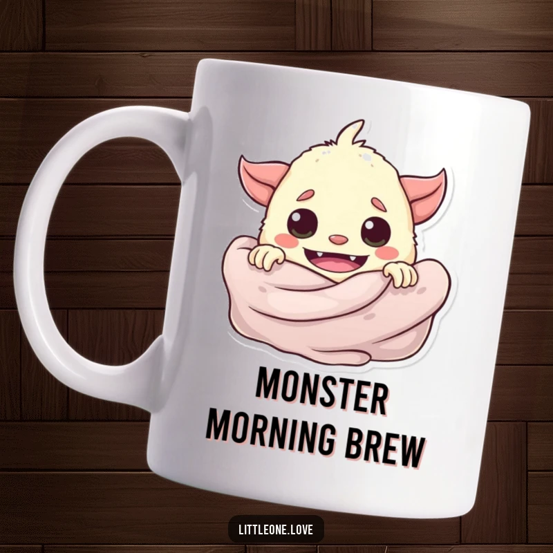 Funny playful baby monster peeking with wide eyes from behind a soft, cozy blanket on a mug.