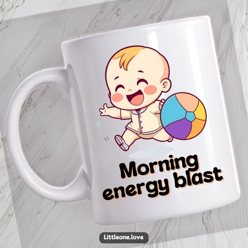 Funny giggling toddler character excitedly chasing a colorful bouncing ball, adding playful energy to this mug.